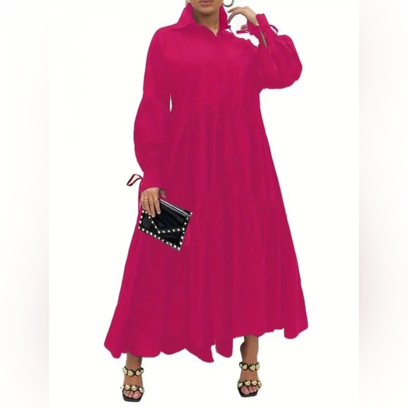 Pink Ruffled Buttoned Sundress with Notched Collar - Picture 2 of 4